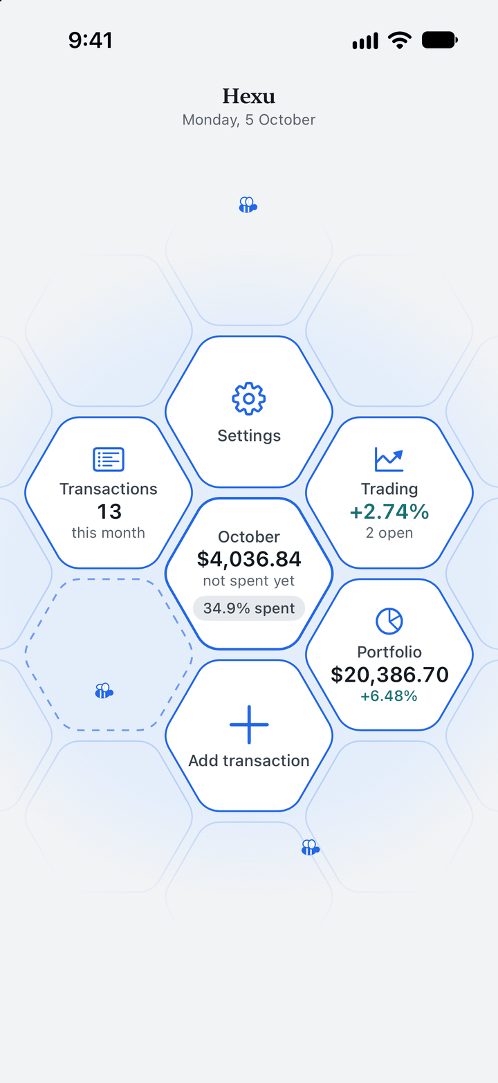 The Hexu hive on iPhone: October in the middle with $4,036.84 not spent yet, and Transactions, Trading, Portfolio, Settings and Add transaction around it.